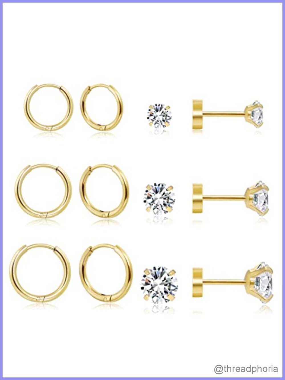 14K Gold Plated Surgical Steel Huggie Hoop and CZ Stud Earrings Set for Women